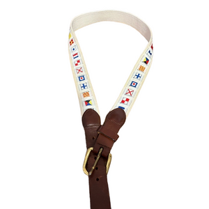 Leather Man Ltd Belt Sz 36 Nautical Flags Hand Made Essex CT USA Brass Buckle